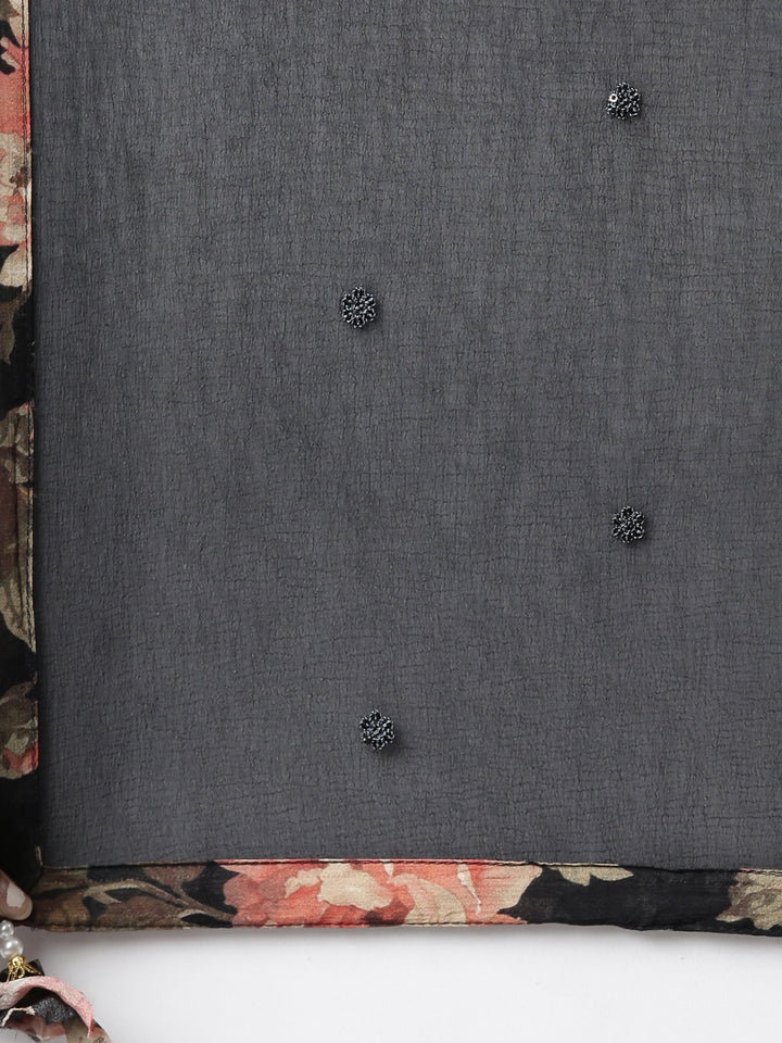 Neerus Black printed floral kurta set with trouser and dupatta - detail view 4