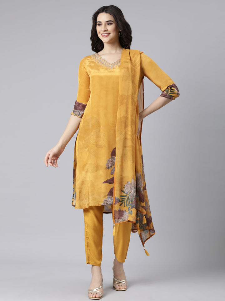 Neerus Mustard Regular Straight Floral Kurta And  Trousers With Dupatta