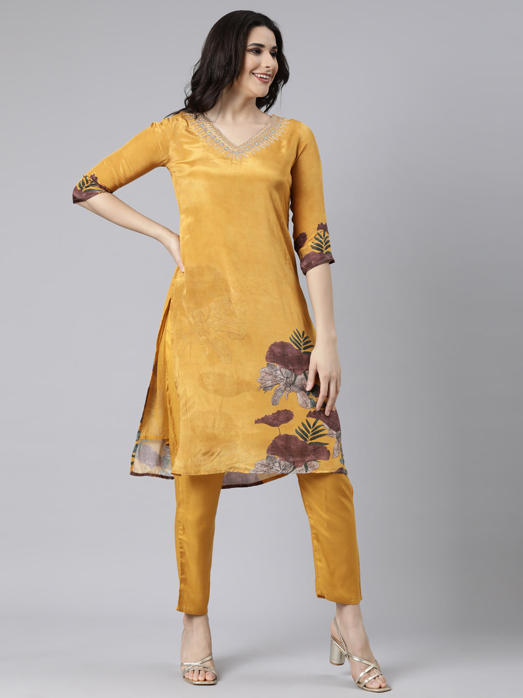 Neerus Mustard Regular Straight Floral Kurta And  Trousers With Dupatta