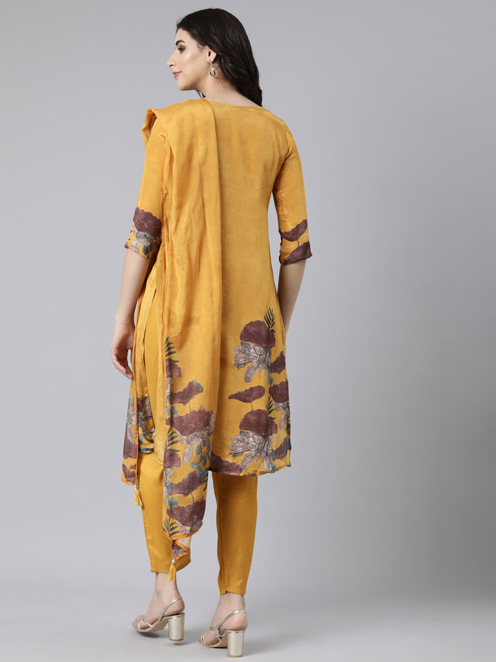 Neerus Mustard Regular Straight Floral Kurta And  Trousers With Dupatta