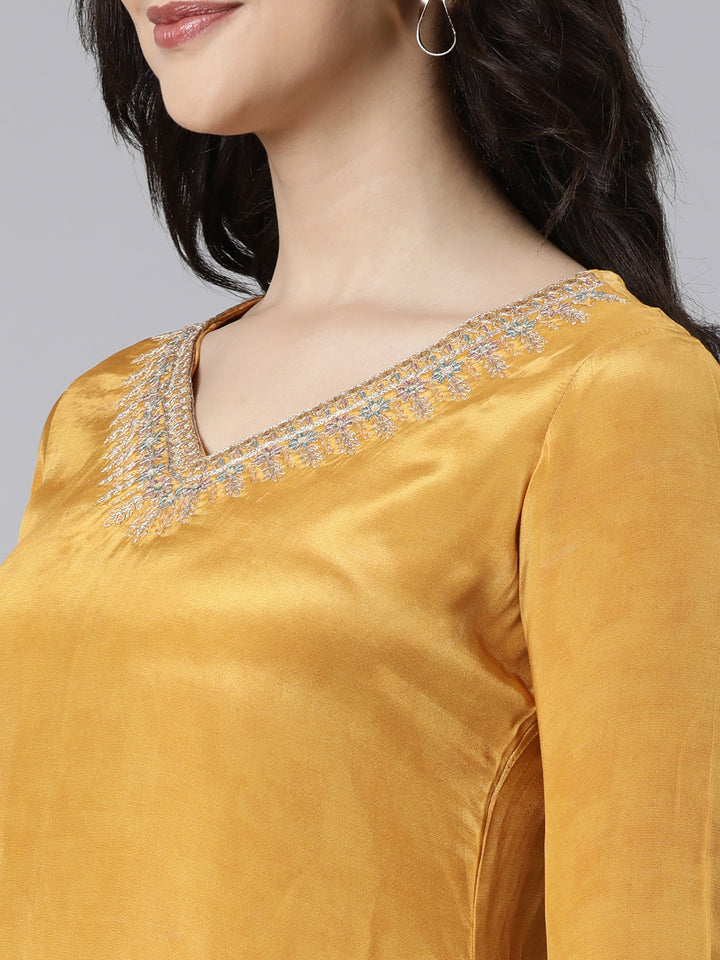 Neerus Mustard Regular Straight Floral Kurta And  Trousers With Dupatta