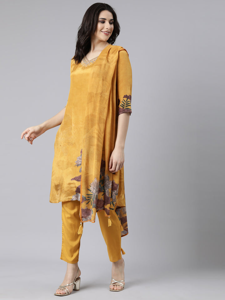 Neerus Mustard Regular Straight Floral Kurta And  Trousers With Dupatta