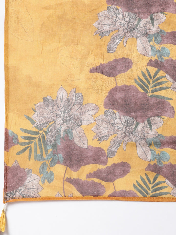 Neerus Mustard Regular Straight Floral Kurta And  Trousers With Dupatta