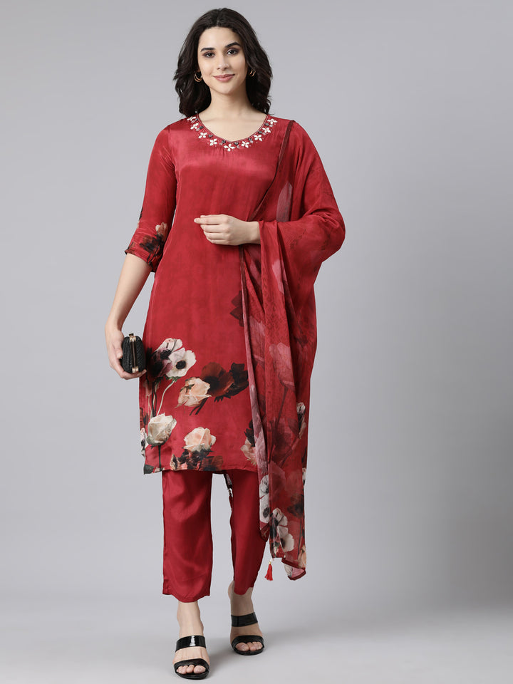 Neerus Maroon printed floral straight suit set - front view