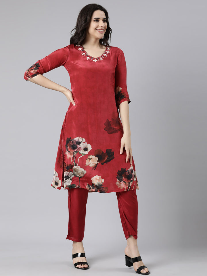 Neerus Maroon printed floral straight suit set - back view
