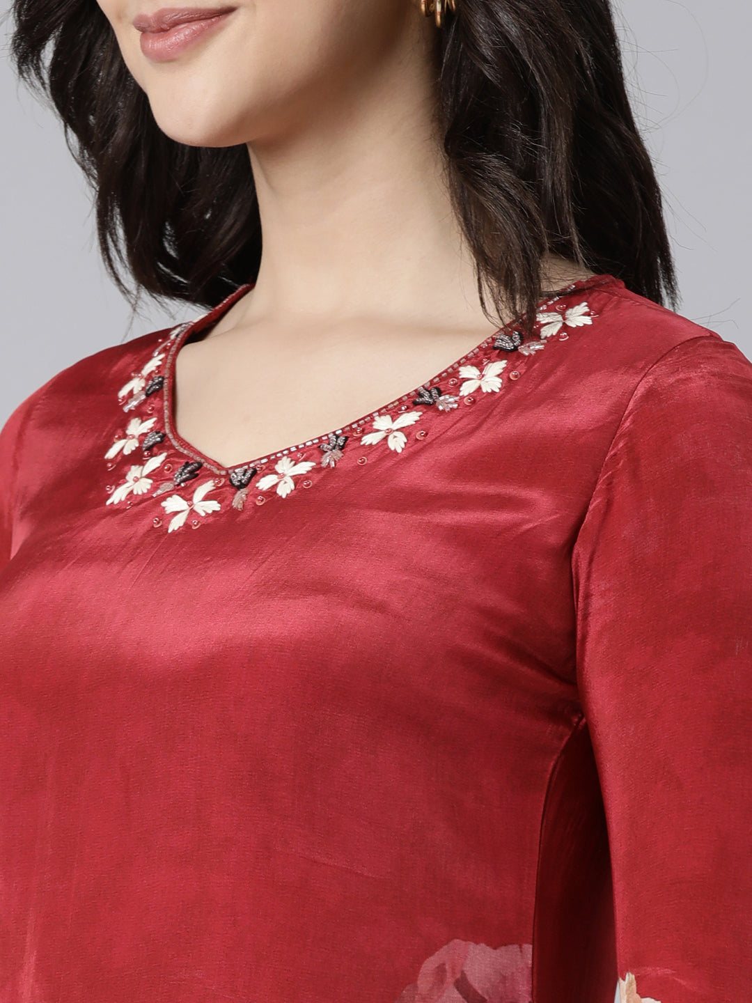 Neerus Maroon printed floral straight suit set - detail view 1