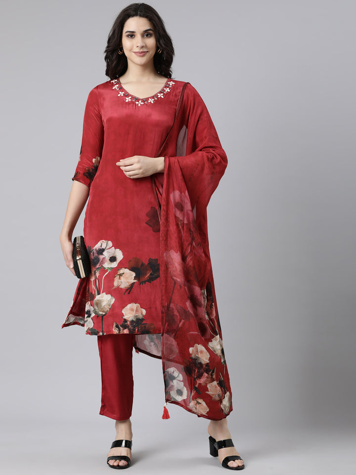 Neerus Maroon printed floral straight suit set - detail view 2
