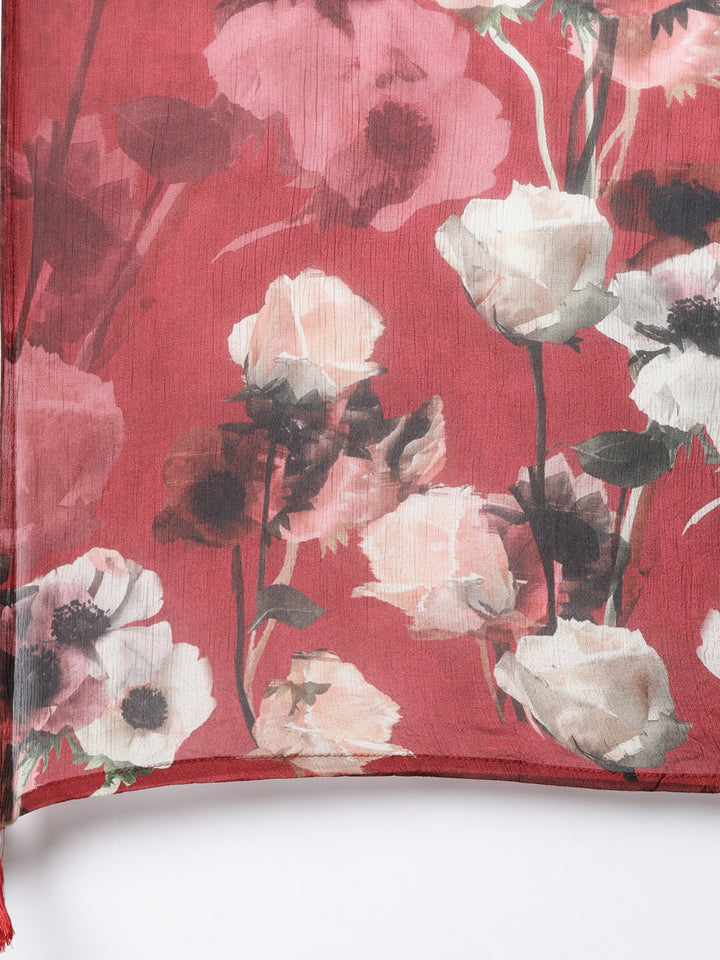 Neerus Maroon printed floral straight suit set - detail view 4