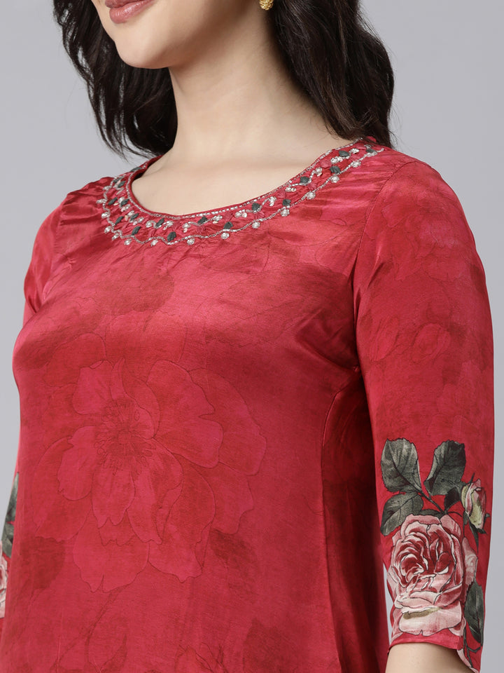 Neerus Magenta Regular Straight Floral Kurta And  Trousers With Dupatta