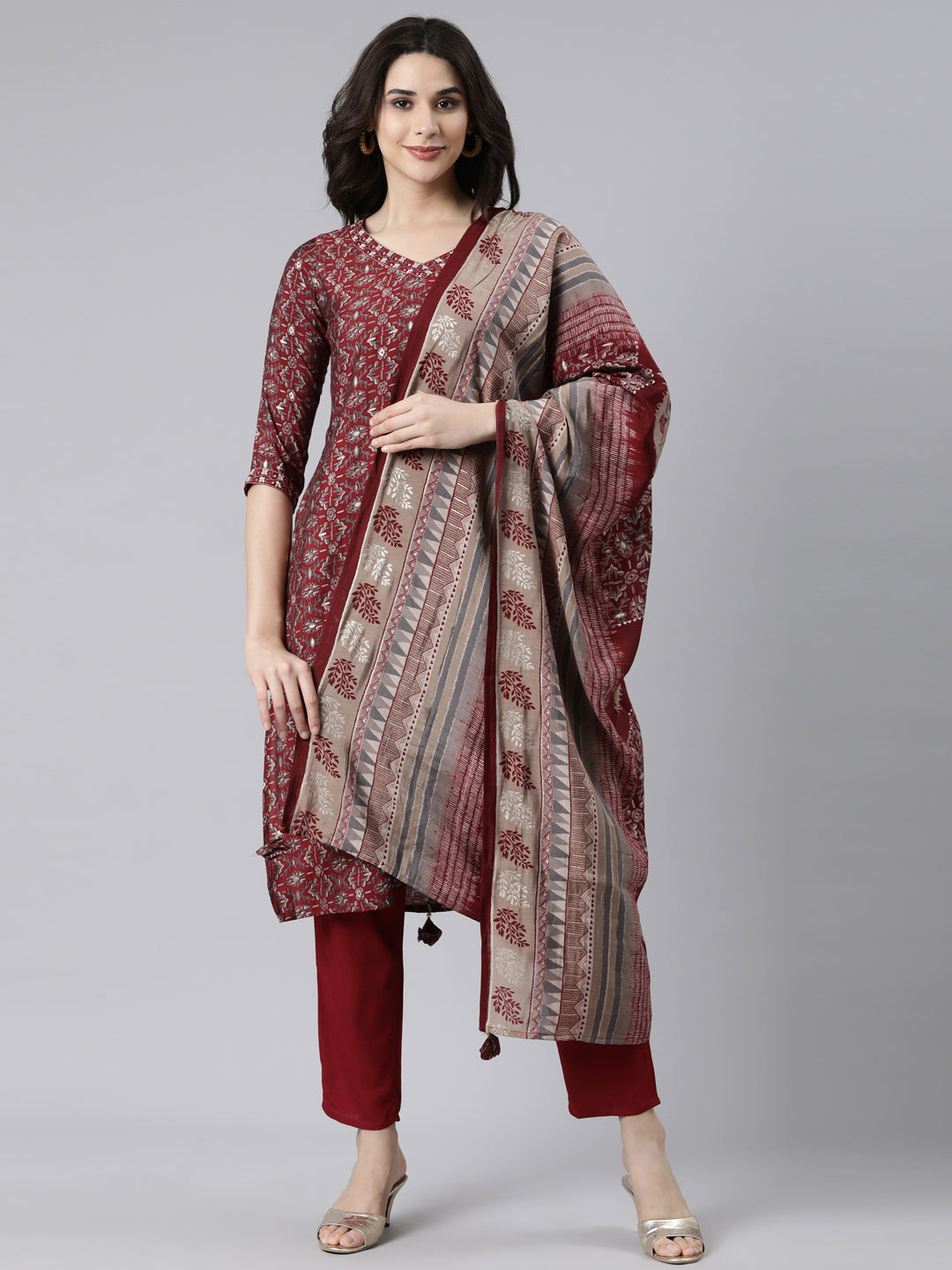Neerus Maroon Printed Floral Suit Set - front view
