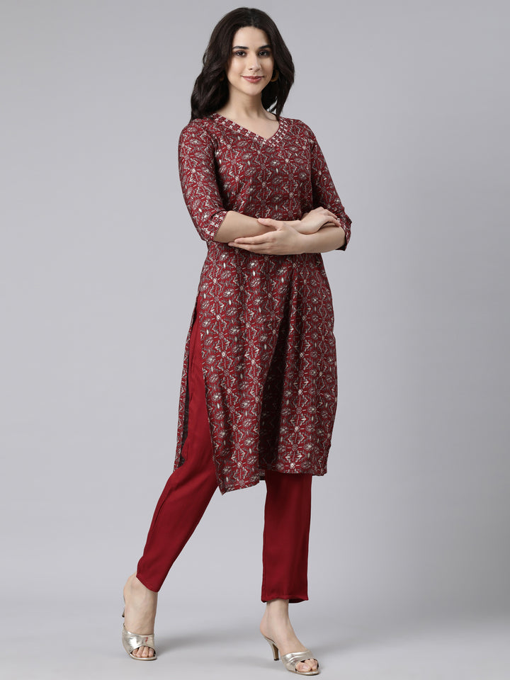 Neerus Maroon Printed Floral Suit Set - back view