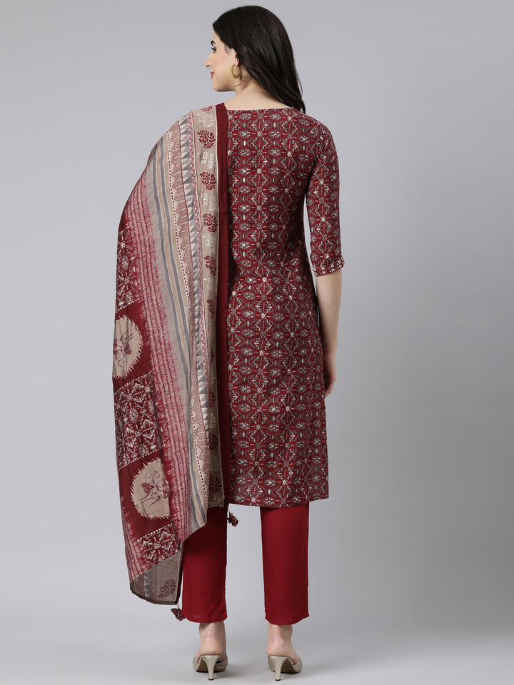 Neerus Maroon Printed Floral Suit Set - side view