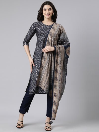 Neerus Navy Blue Regular Straight Floral Kurta And  Trousers With Dupatta