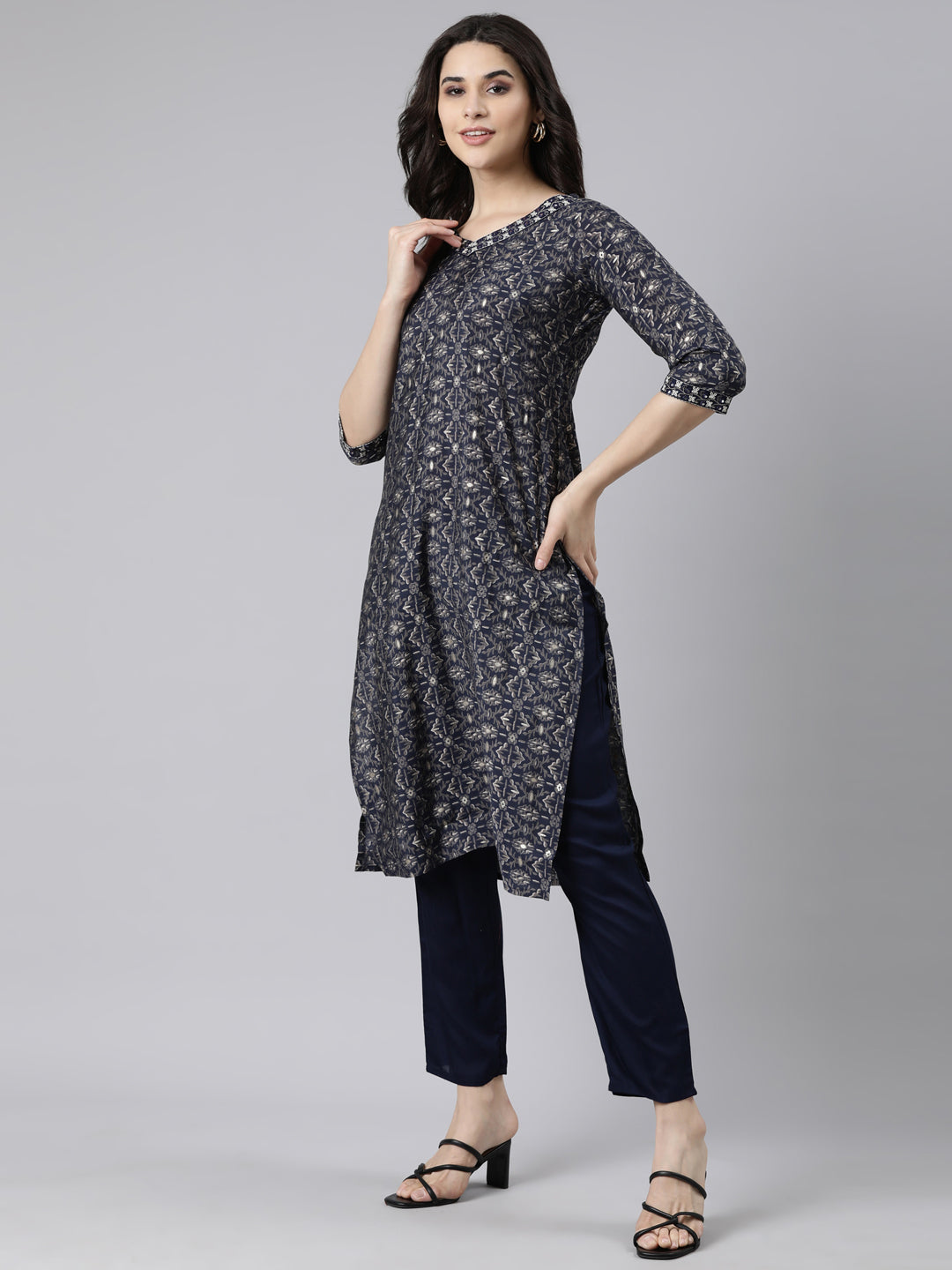 Neerus Navy Blue Regular Straight Floral Kurta And  Trousers With Dupatta