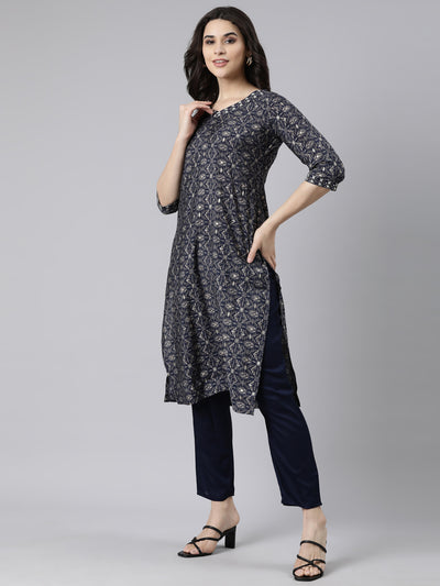 Neerus Navy Blue Regular Straight Floral Kurta And  Trousers With Dupatta