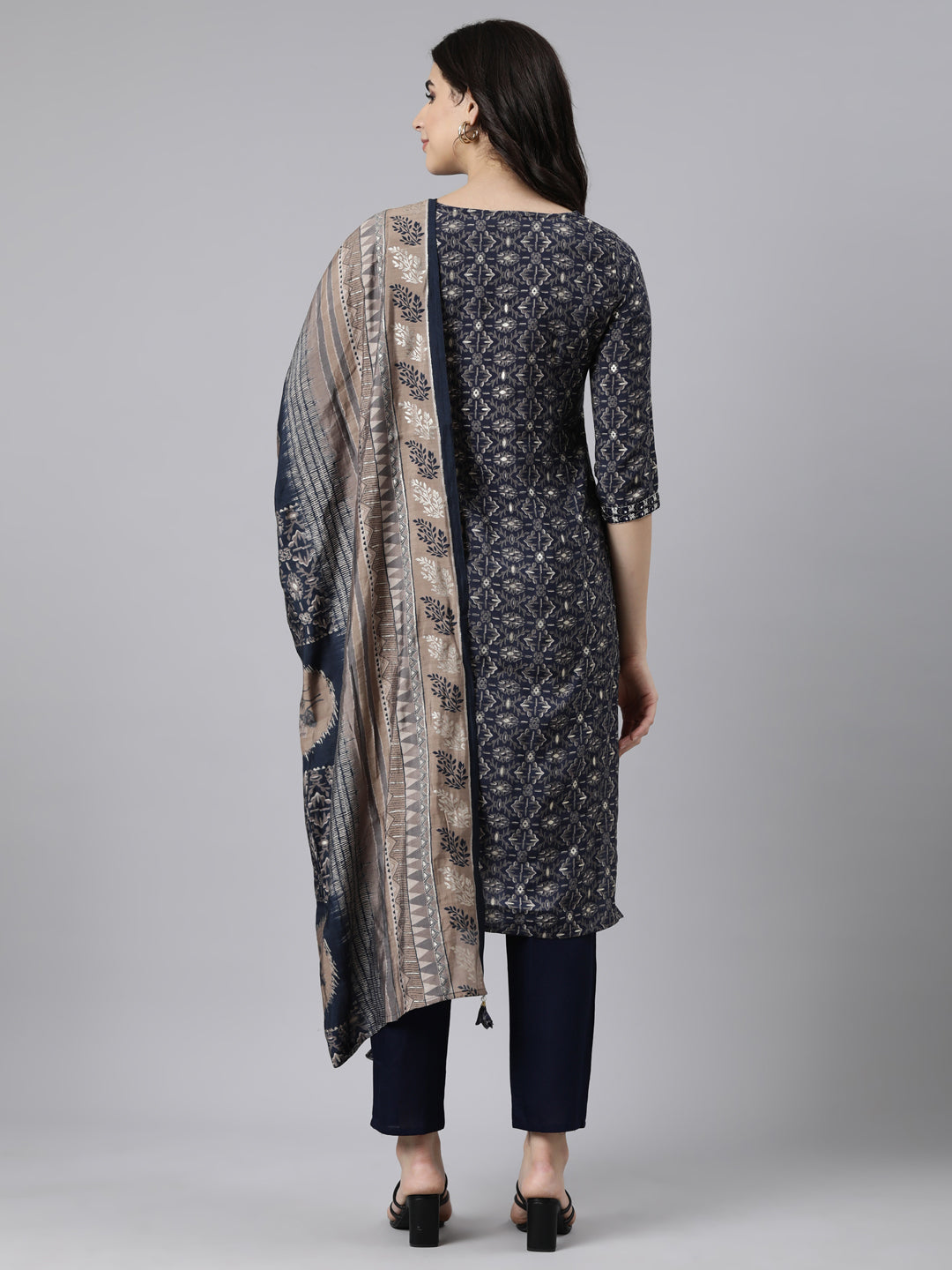 Neerus Navy Blue Regular Straight Floral Kurta And  Trousers With Dupatta
