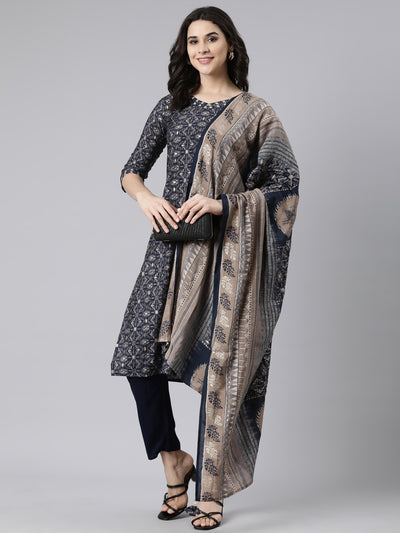 Neerus Navy Blue Regular Straight Floral Kurta And  Trousers With Dupatta