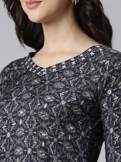 Neerus Navy Blue Regular Straight Floral Kurta And  Trousers With Dupatta