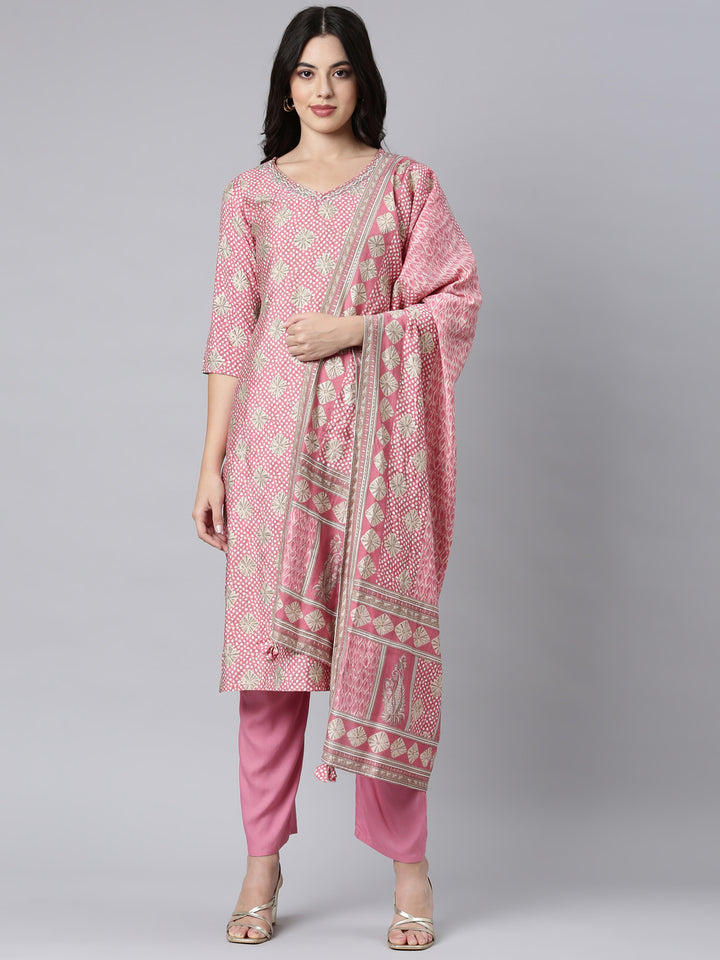 Neerus Pink Bandhani printed straight suit set - front view