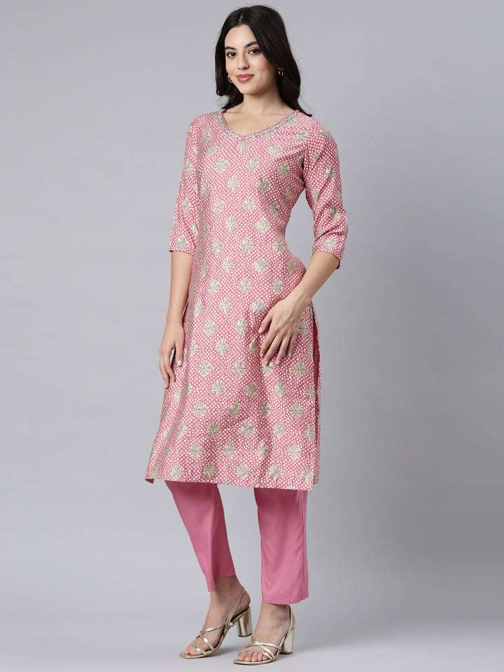 Neerus Pink Bandhani printed straight suit set - back view