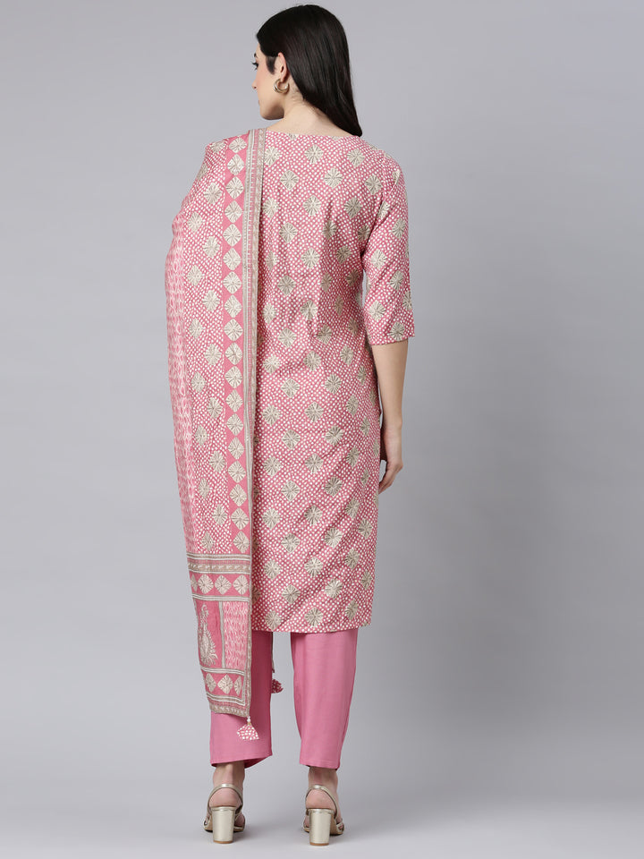 Neerus Pink Bandhani printed straight suit set - side view