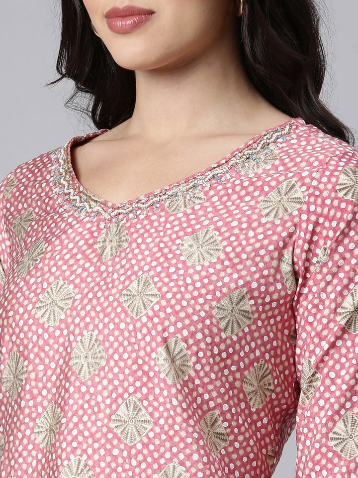 Neerus Pink Bandhani printed straight suit set - detail view 1