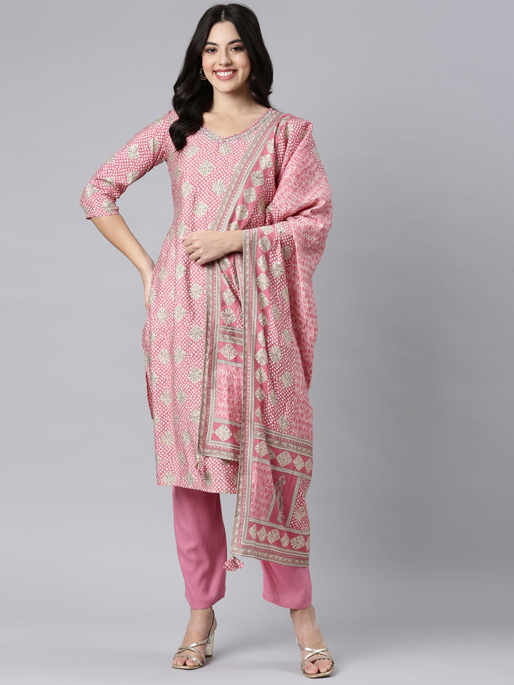 Neerus Pink Bandhani printed straight suit set - detail view 2