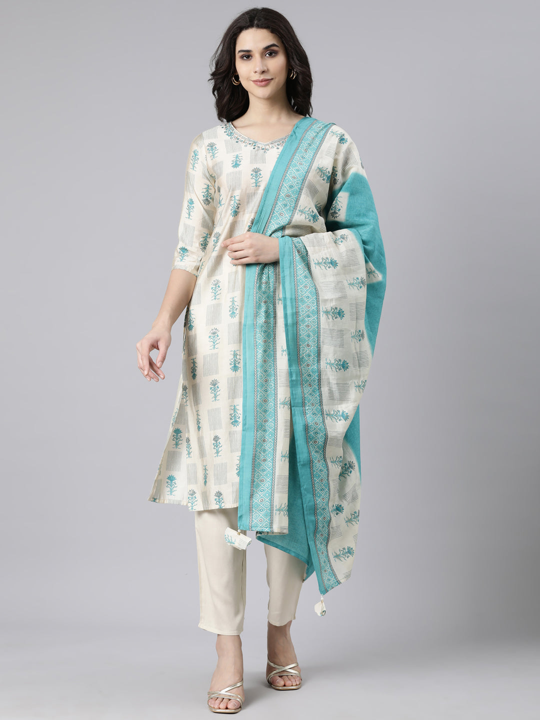 Neerus Beige printed floral suit set straight kurta with trouser and dupatta - front view