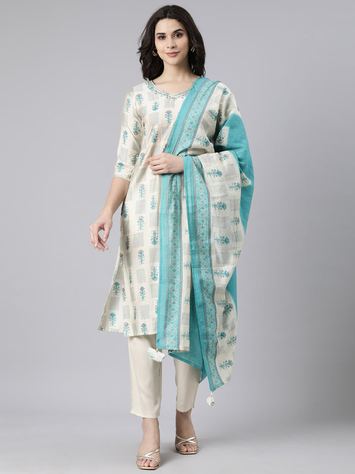 Neerus Beige printed floral suit set straight kurta with trouser and dupatta - front view