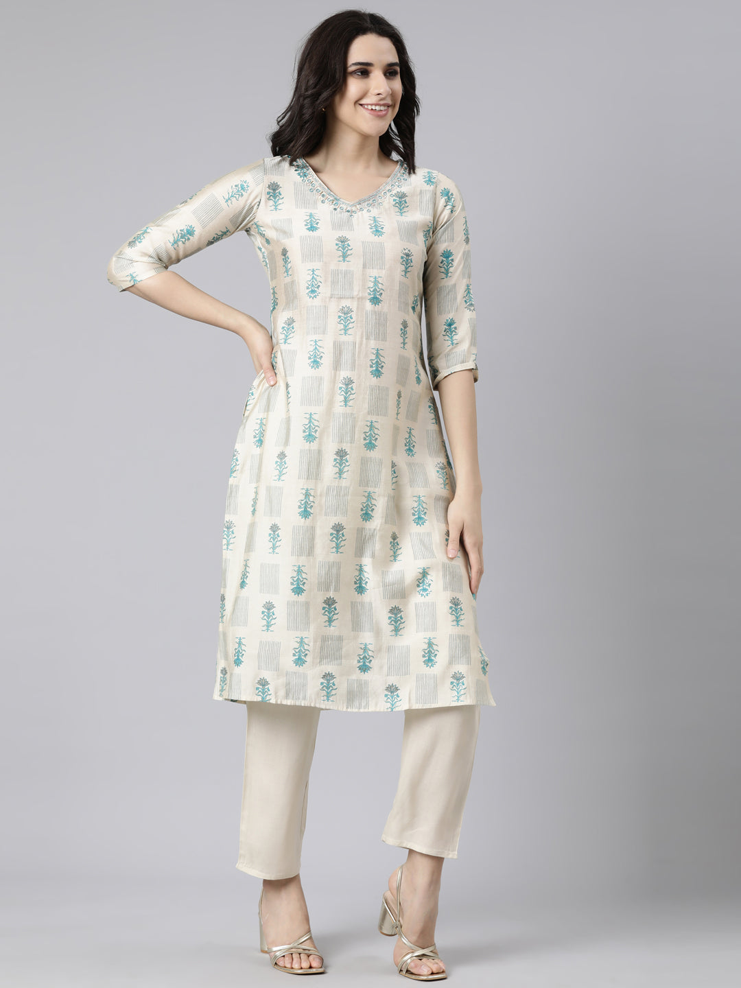Neerus Beige printed floral suit set straight kurta with trouser and dupatta - back view