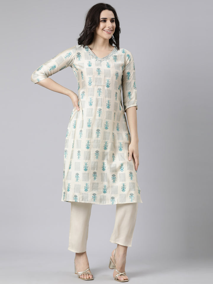 Neerus Beige printed floral suit set straight kurta with trouser and dupatta - back view