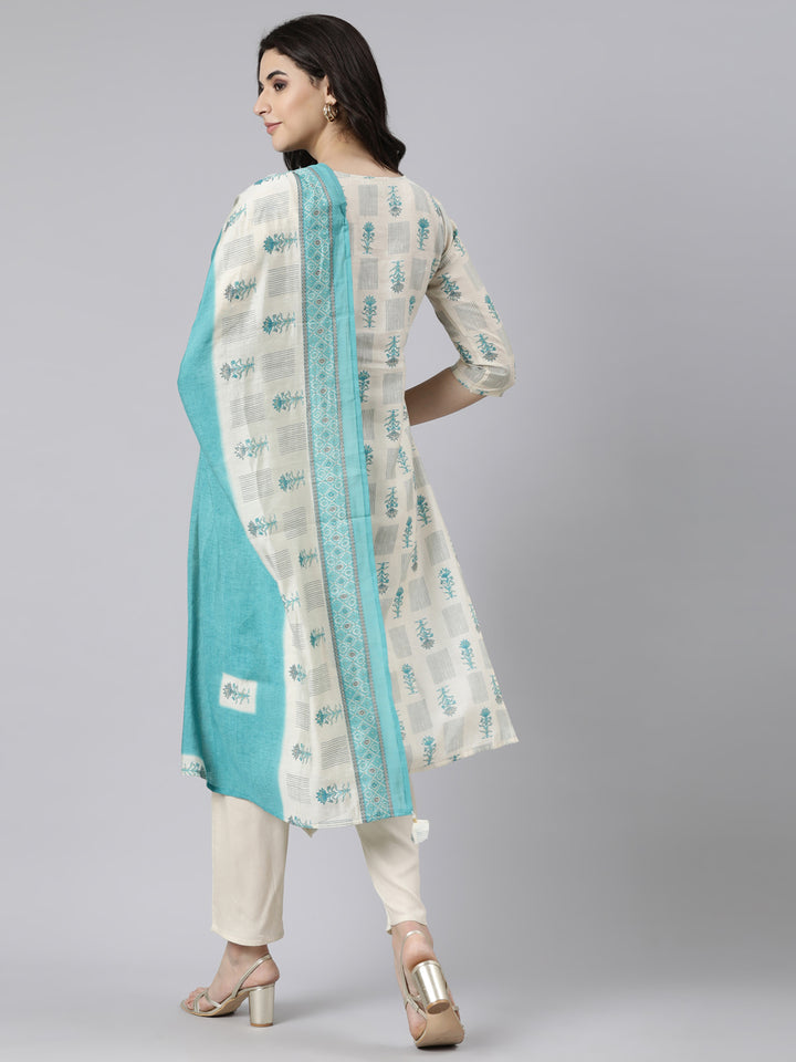 Neerus Beige printed floral suit set straight kurta with trouser and dupatta - side view