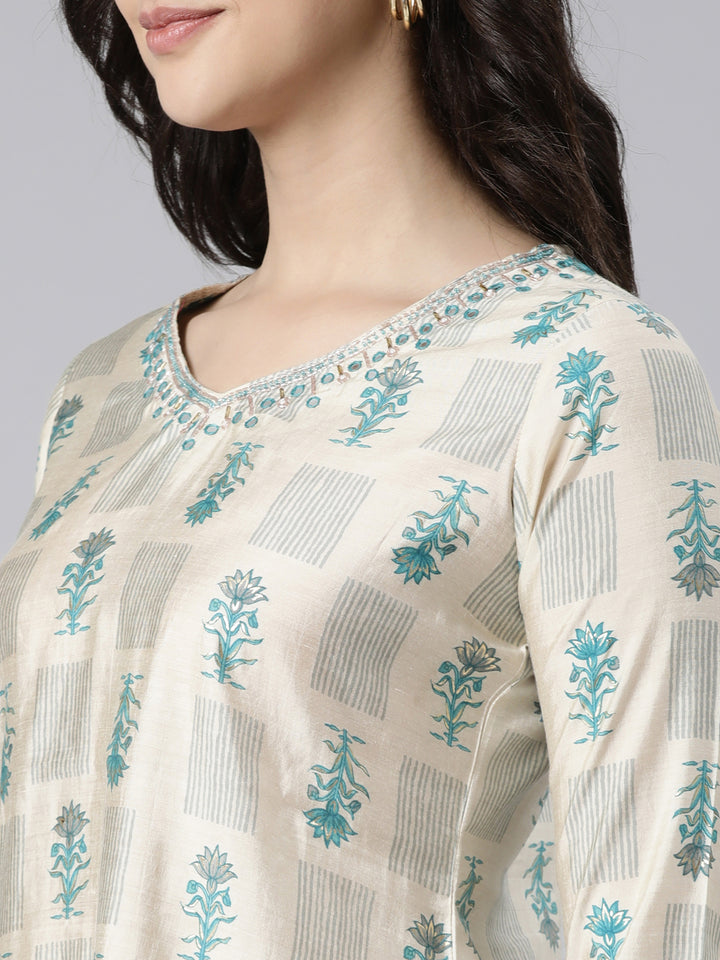 Neerus Beige printed floral suit set straight kurta with trouser and dupatta - detail view 1