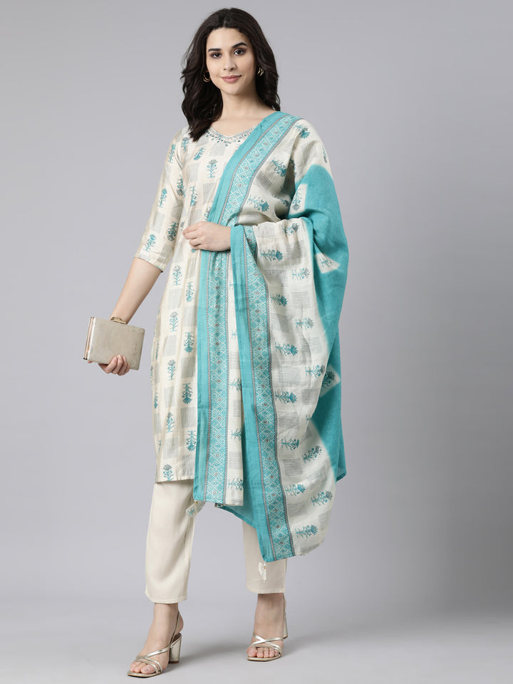 Neerus Beige printed floral suit set straight kurta with trouser and dupatta - detail view 2