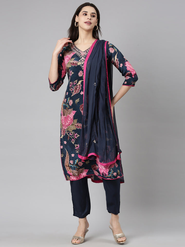 Neerus Blue rayon printed suit set - front view