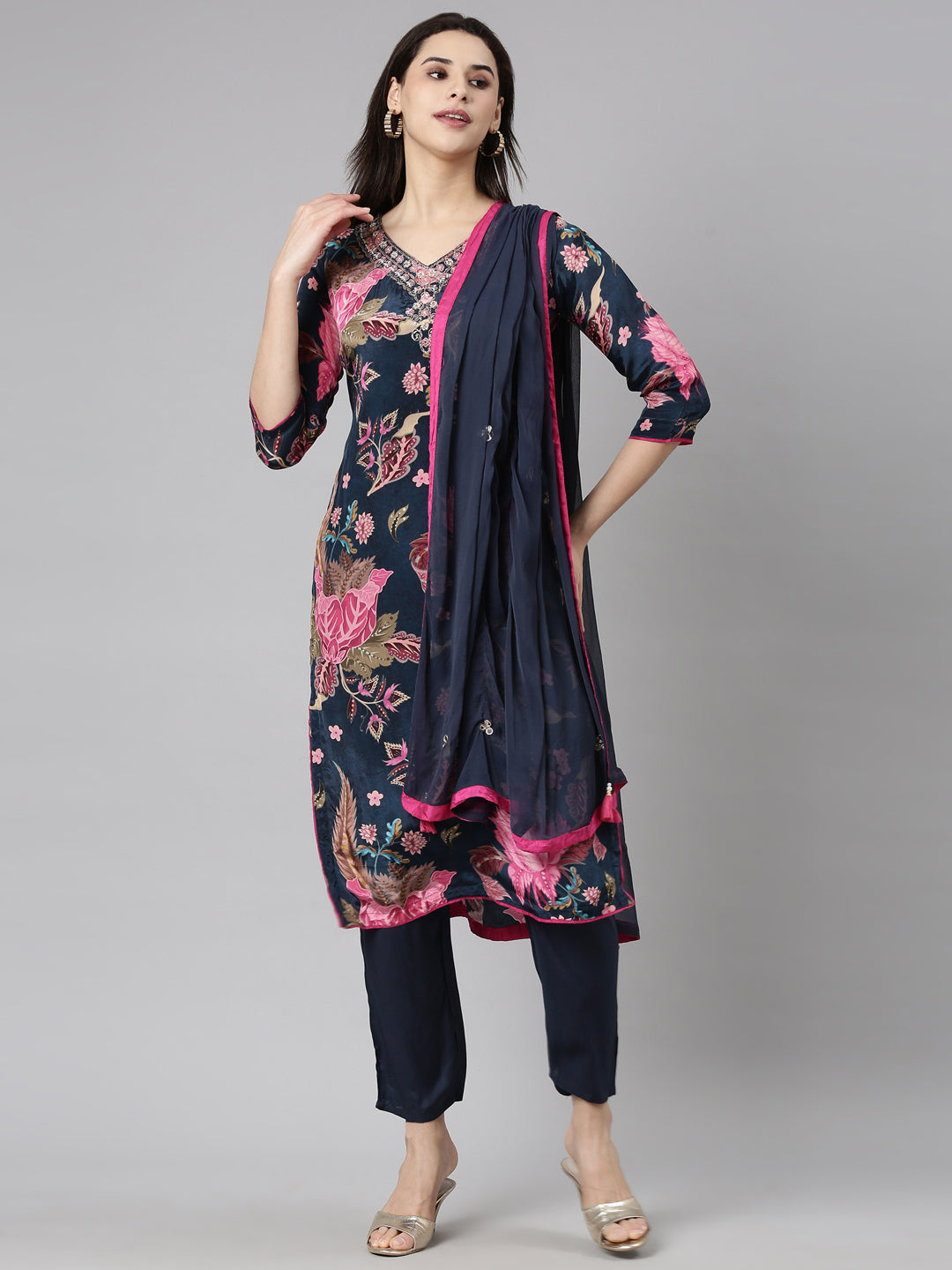 Neerus Navy Blue Regular Straight Floral Kurta And  Trousers With Dupatta