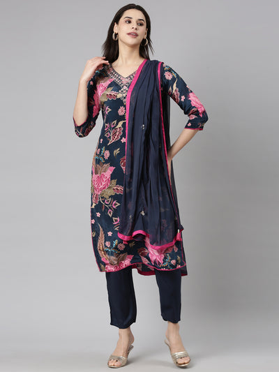 Neerus Navy Blue Regular Straight Floral Kurta And  Trousers With Dupatta