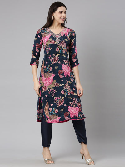 Neerus Navy Blue Regular Straight Floral Kurta And  Trousers With Dupatta