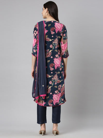 Neerus Navy Blue Regular Straight Floral Kurta And  Trousers With Dupatta