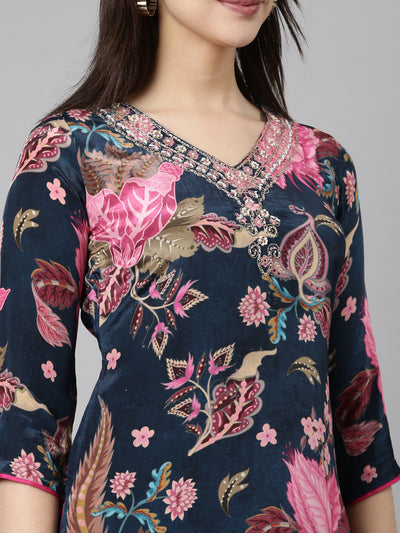 Neerus Navy Blue Regular Straight Floral Kurta And  Trousers With Dupatta