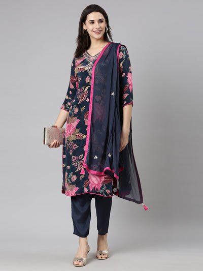 Neerus Navy Blue Regular Straight Floral Kurta And  Trousers With Dupatta