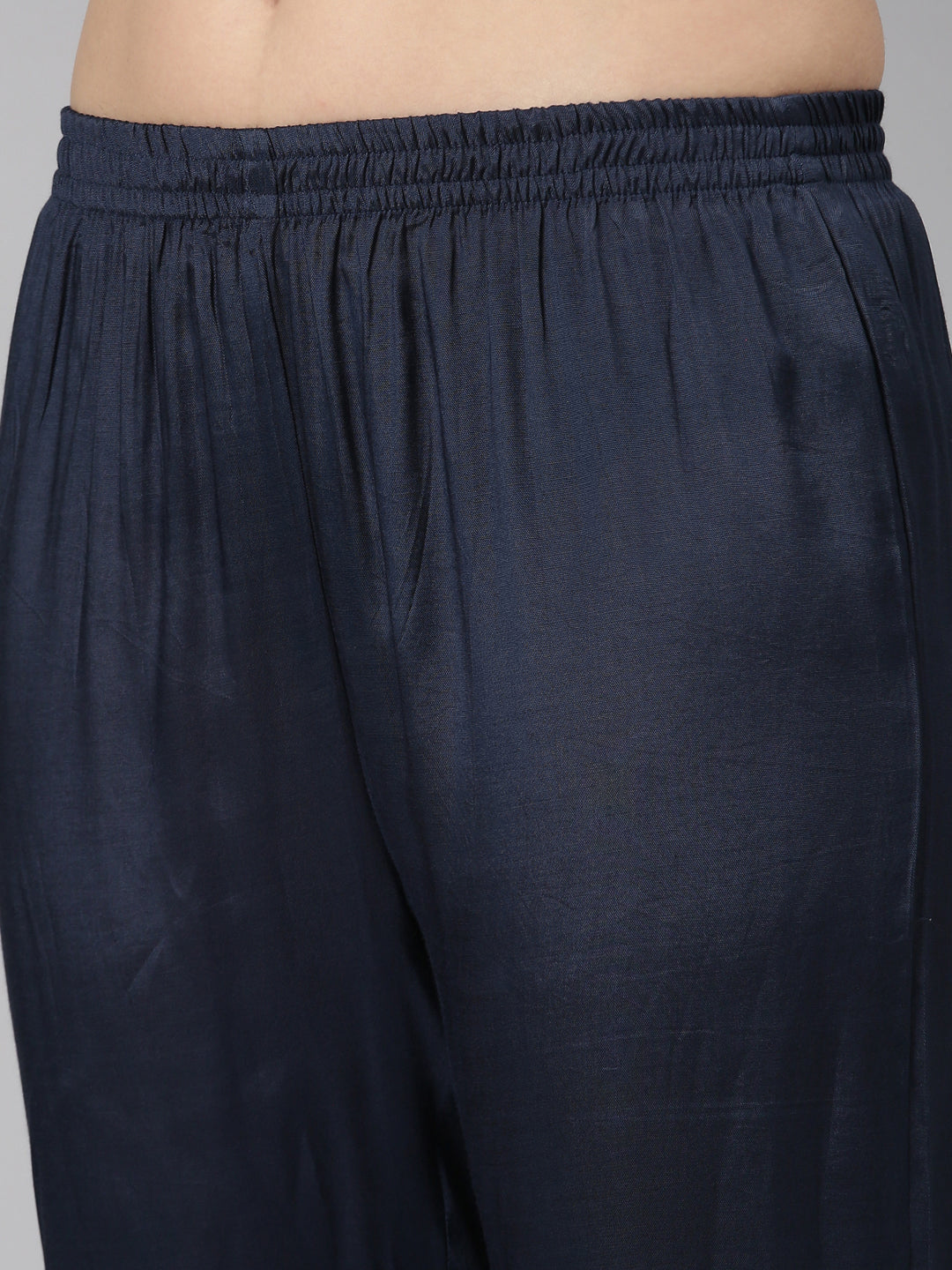 Neerus Navy Blue Regular Straight Floral Kurta And  Trousers With Dupatta
