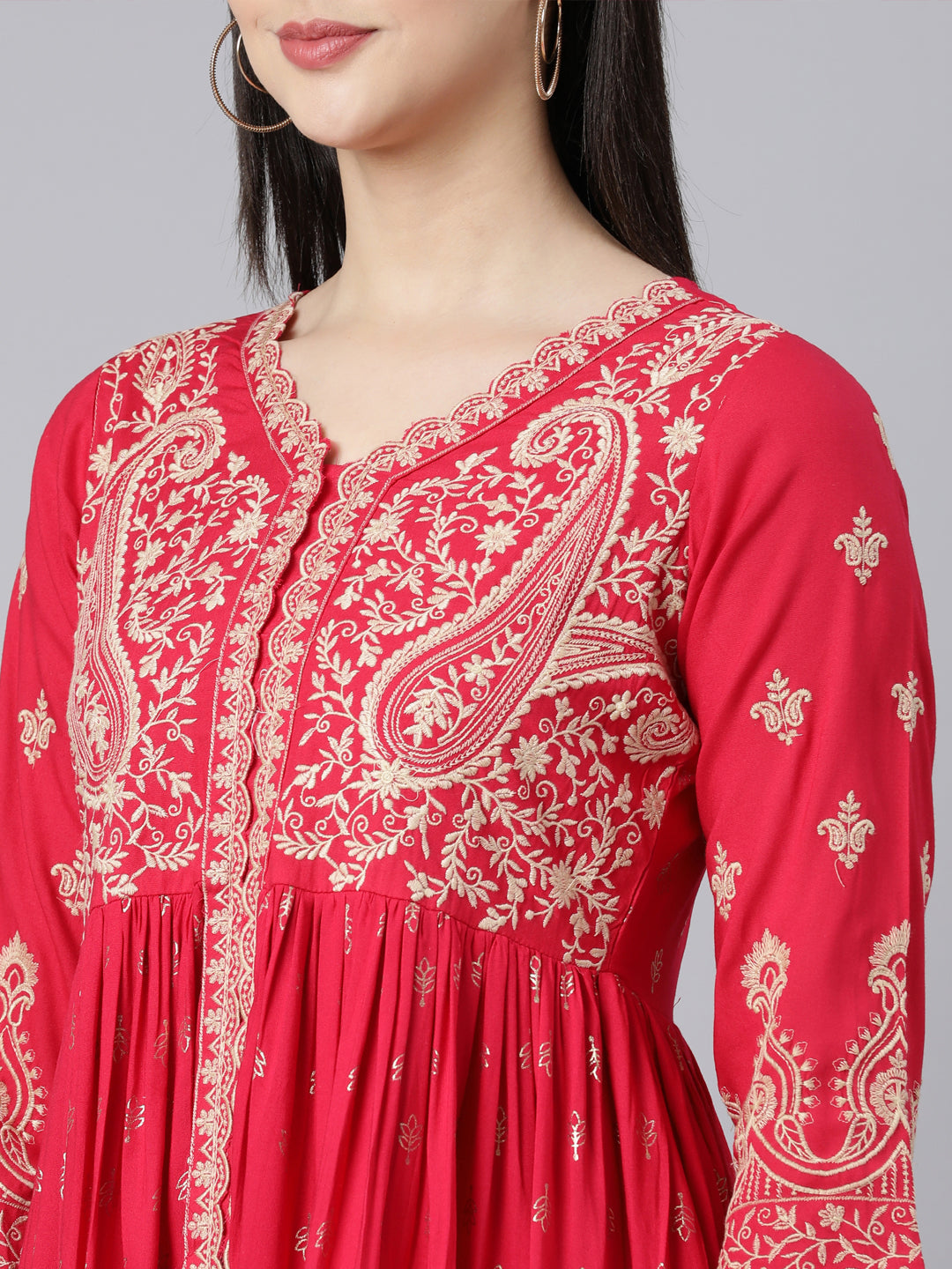Neerus Pink embroidered straight kurta suit set with dupatta - detail view 5