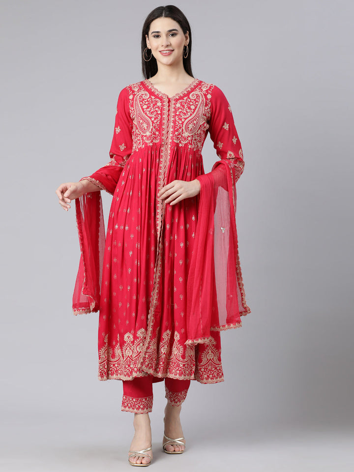 Neerus Pink embroidered straight kurta suit set with dupatta - front view