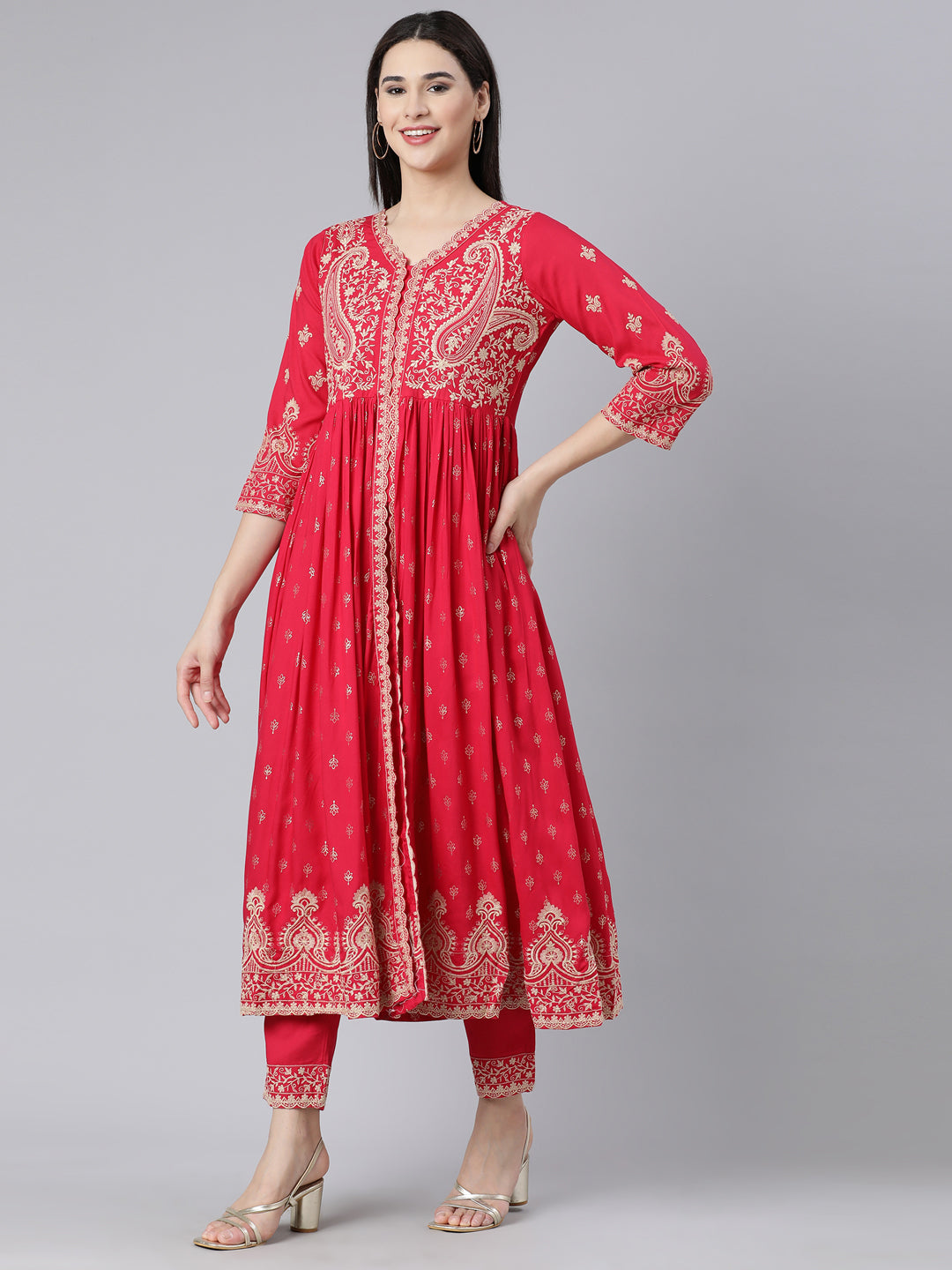 Neerus Pink embroidered straight kurta suit set with dupatta - back view