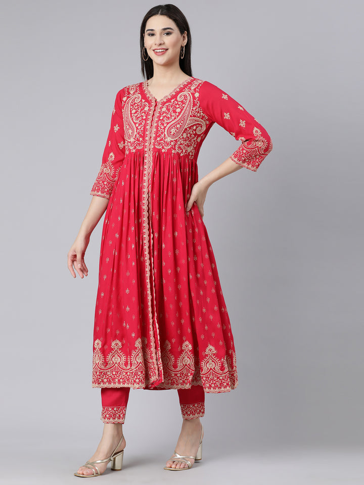 Neerus Pink embroidered straight kurta suit set with dupatta - back view