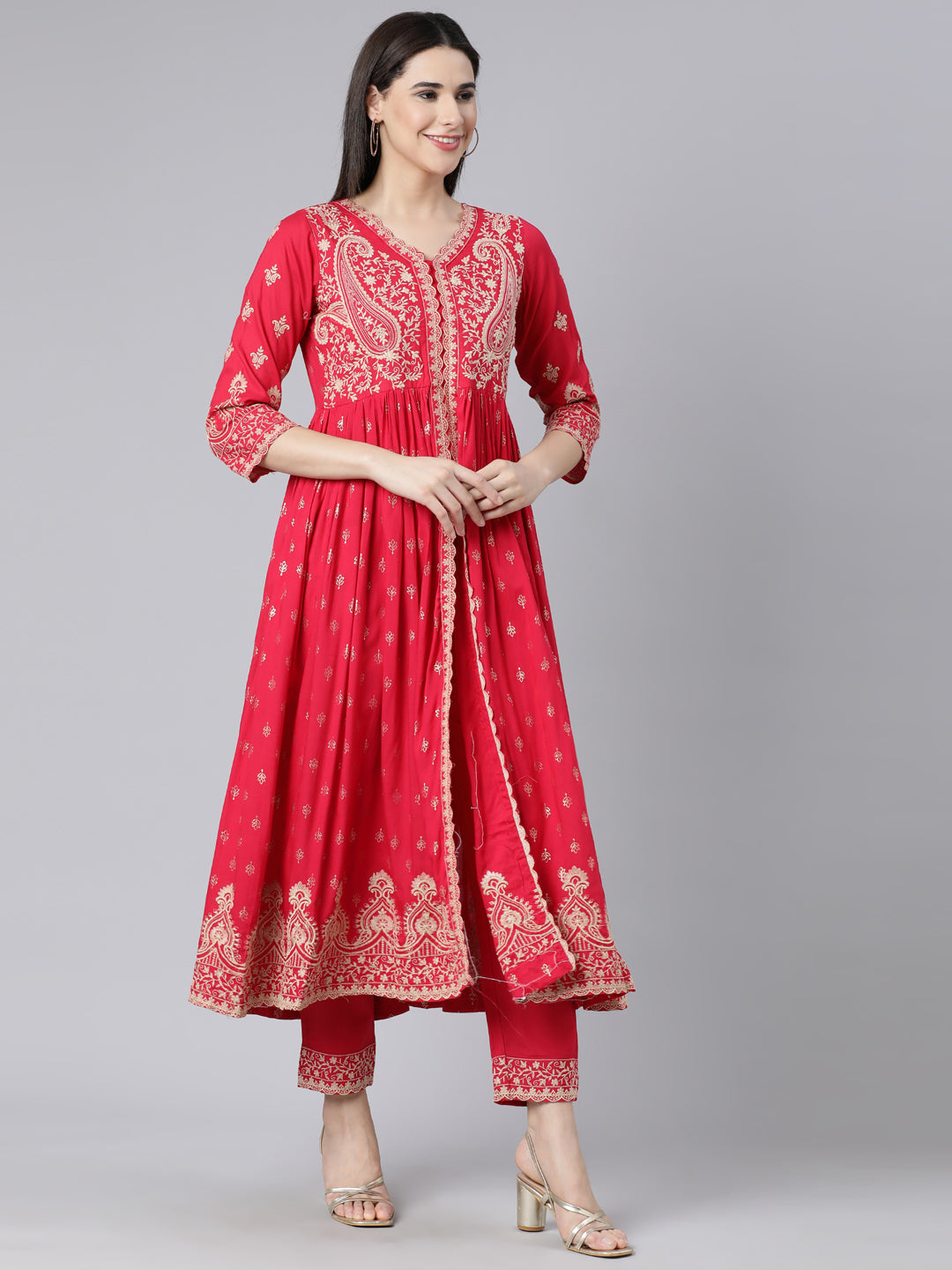 Neerus Pink embroidered straight kurta suit set with dupatta - side view
