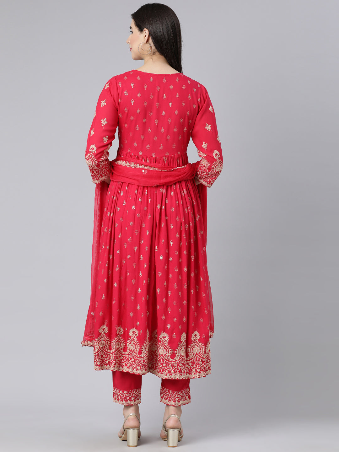 Neerus Pink embroidered straight kurta suit set with dupatta - detail view 1