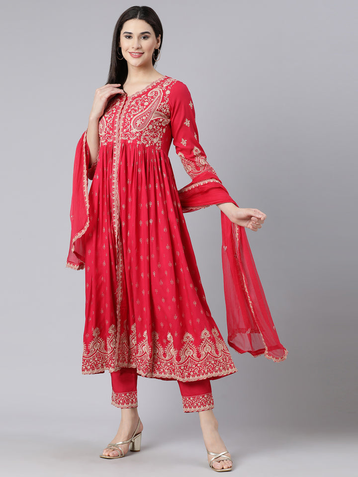 Neerus Pink embroidered straight kurta suit set with dupatta - detail view 2