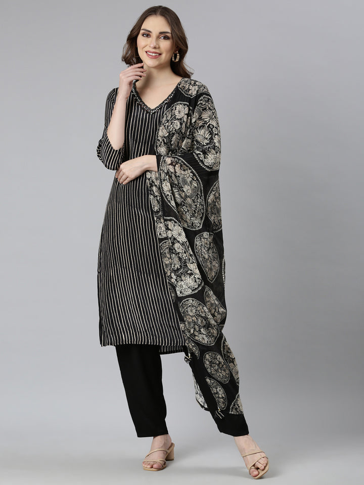 Neerus Black silk printed striped suit set - front view